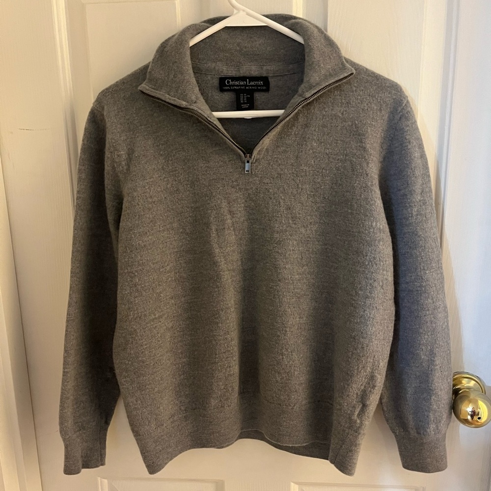 Christian Lacroix Gray Merino Wool Quarter Zip Sweater XL | Luxury Designer Knit